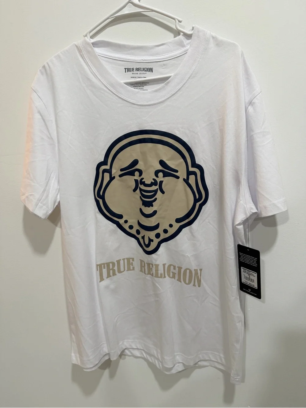 True Religion White Short-Sleeve Tee with Beige and Navy Graphic